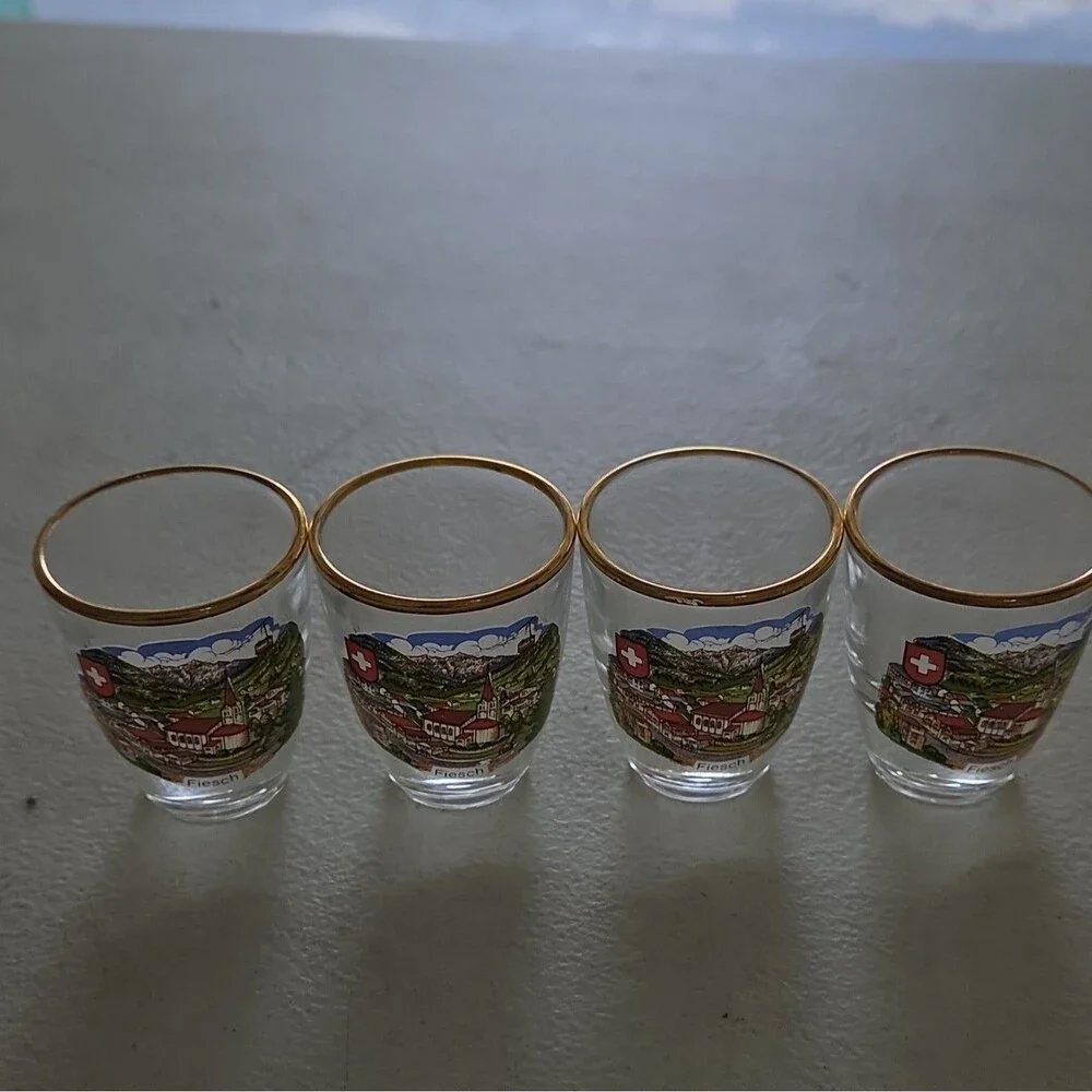 Set of 4 Glass Shot Glasses Clear Gold Rim Scenic Painted Travel Souvenir